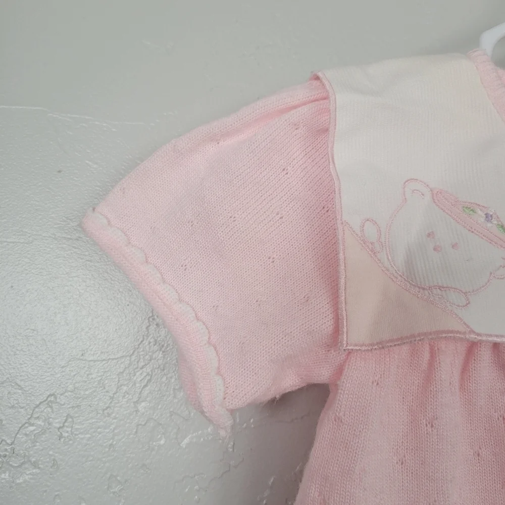 Friemanit Vintage Baby Girl 9 Months Light Pink Knit Outfit Square Collar Bear